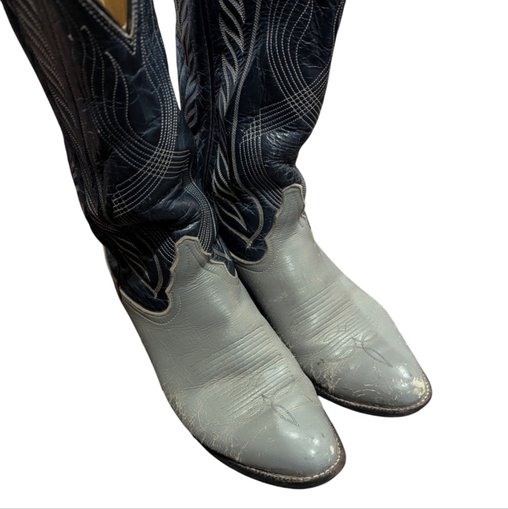 Vintage Tony Lama 2-toned Blue/Gray Leather Western Cowboy Boots - Men's Size 8 - Picture 9 of 9